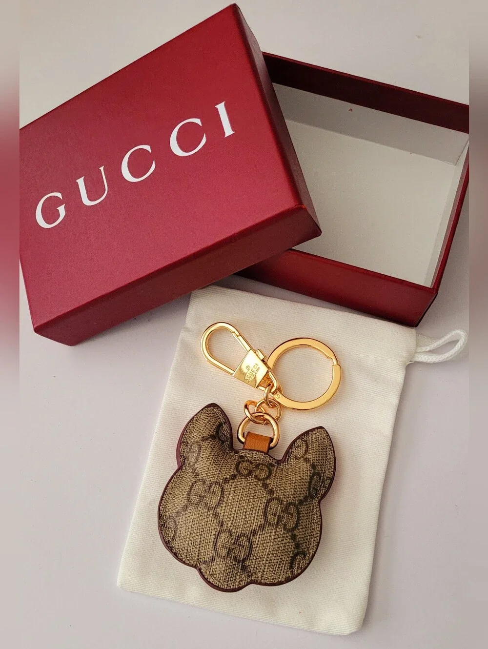🇮🇹 Gucci Brown & Pink✨️ Cat Face Keyring✨️ with Gold Hardware🇮🇹